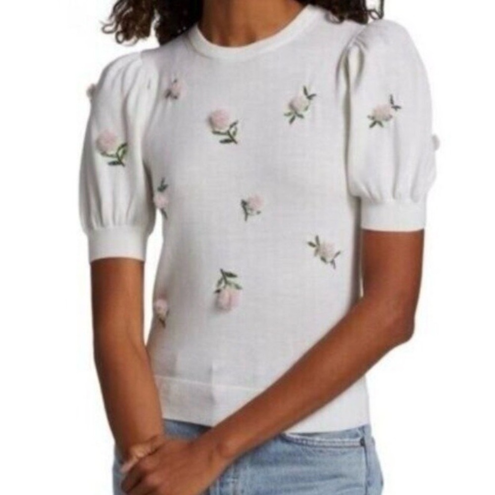 NWT Alice + Olivia Chase Puff Sleeve Embroidery Embellished‎ Pullover
